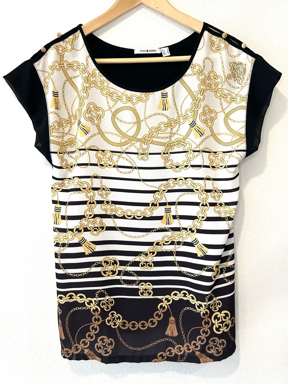 Punt Roma Equestrian Gold Chain Print Top Preppy Nautical Casual Size S